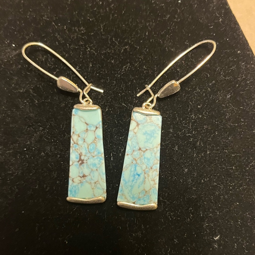 Pierced earrings. Silver tone and blue marble like stone. EUC.